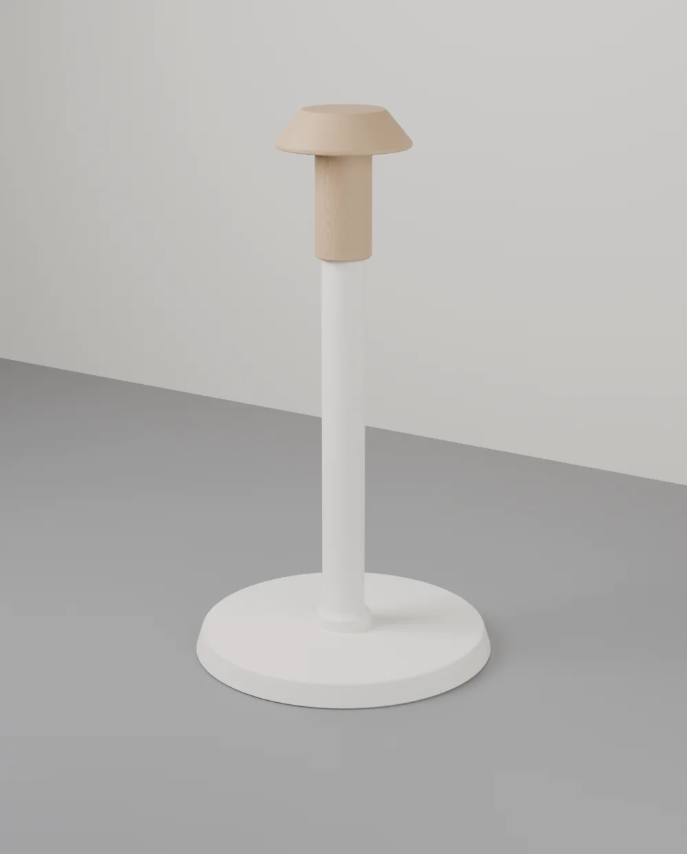 Portarrollos esbelto v1.0 de Olive3D: base circular blanca con varilla central y pomo-freno color haya. Render CAD.
